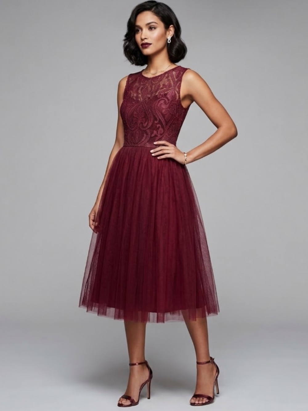 Miss Avenue Burgundy Tulle Midi Dress Sleeveless Fit & Flare Party Dress L